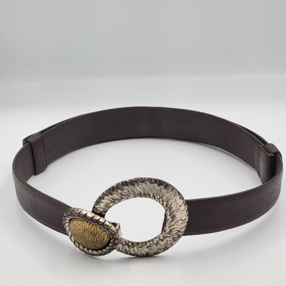 Chicos Brown Adjustable Leather Belt With Textured Silver & Gold Tone Metal Buck